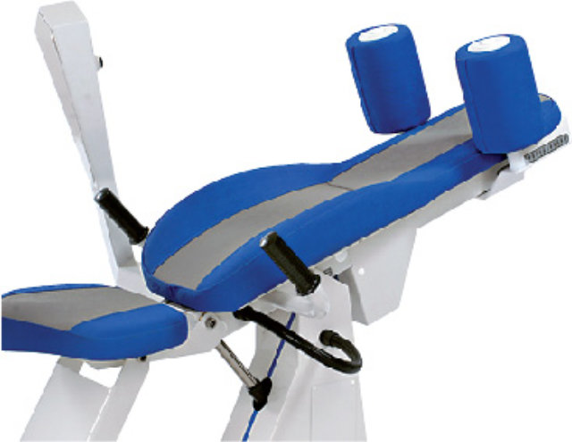 Gym machine Electrically adjustable back support and shoulder rolls.