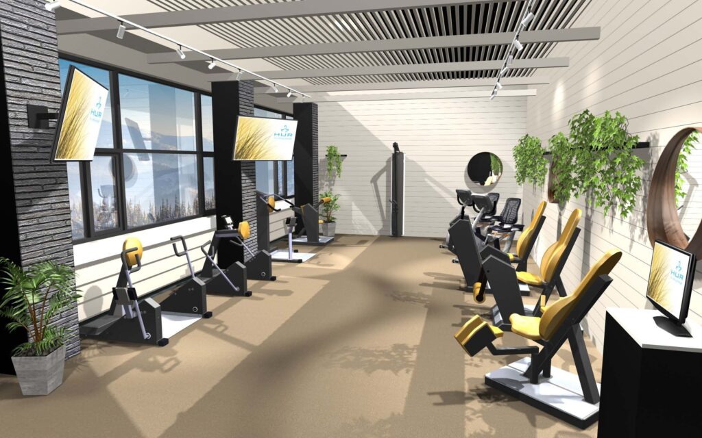 A rendering of an accessible and wheelchair friendly gym filled with HUR gym machines.