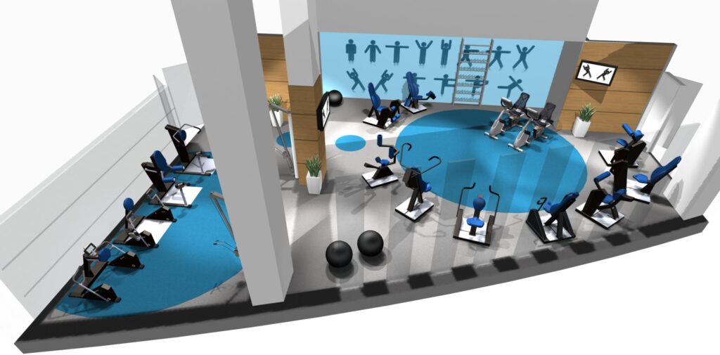 A rendering of a high-end sports training facility filled with HUR gym machines.