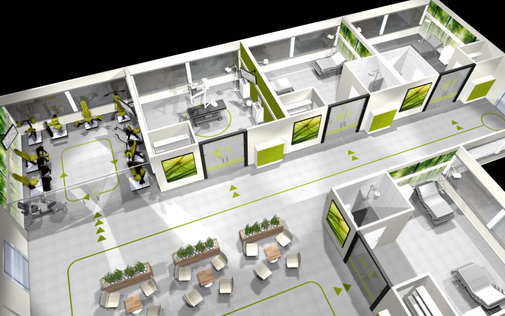A rendering of a medical fitness gym filled with HUR gym machines.