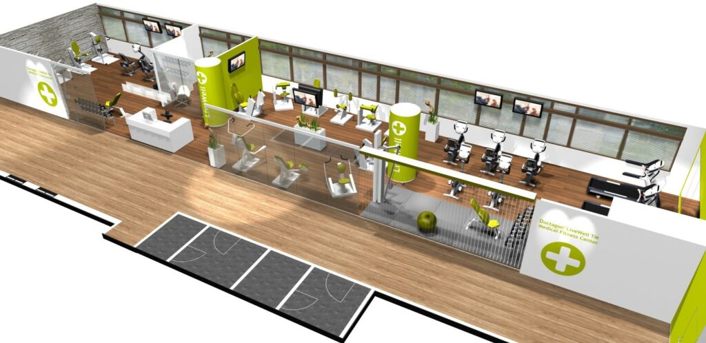 A rendering of a medical fitness gym filled with HUR gym machines.