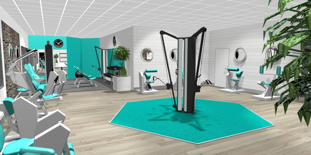 A rendering of a cancer rehabilitation gym filled with HUR gym machines.