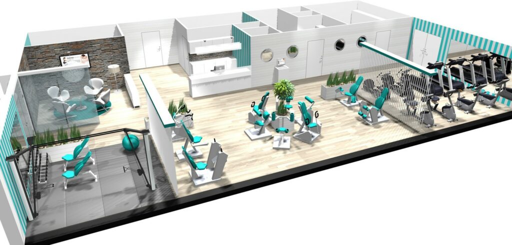 A rendering of a cardiac rehabilitation gym filled with HUR gym machines.