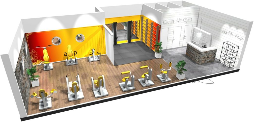 A rendering of a community gym for senior filled with HUR gym machines.