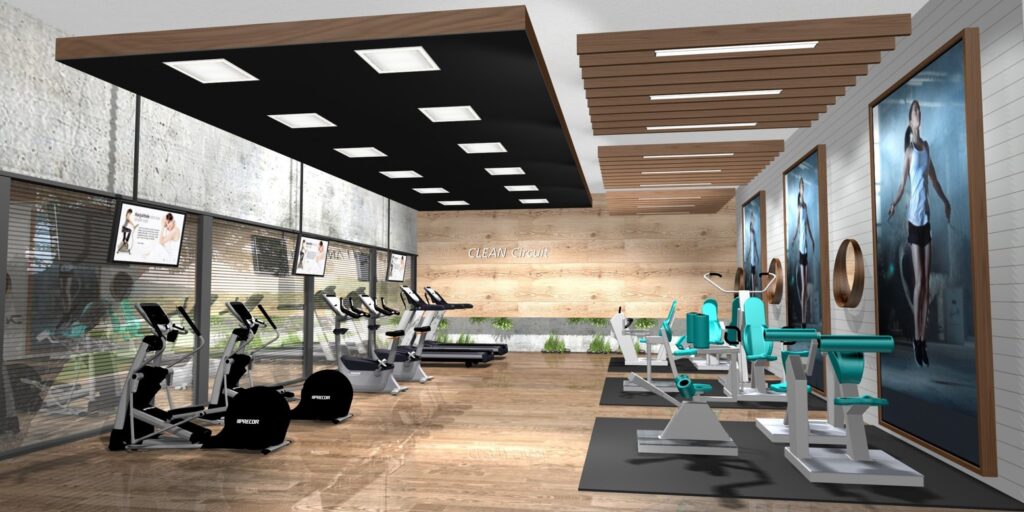 A rendering of a high-end sports rehab facility filled with HUR gym machines.