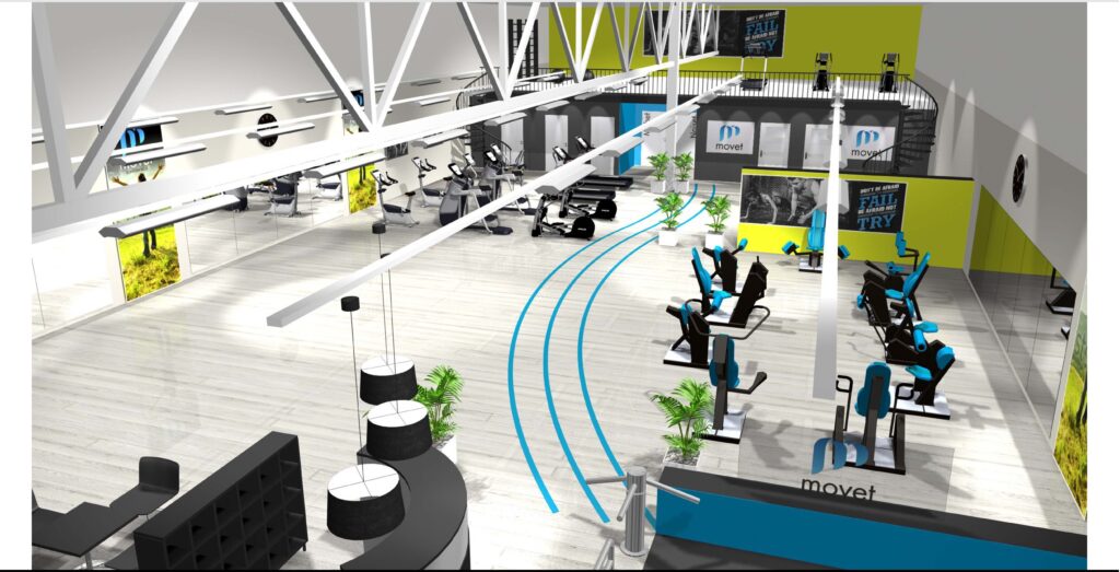 A rendering of a high-end sports rehab facility filled with HUR gym machines.