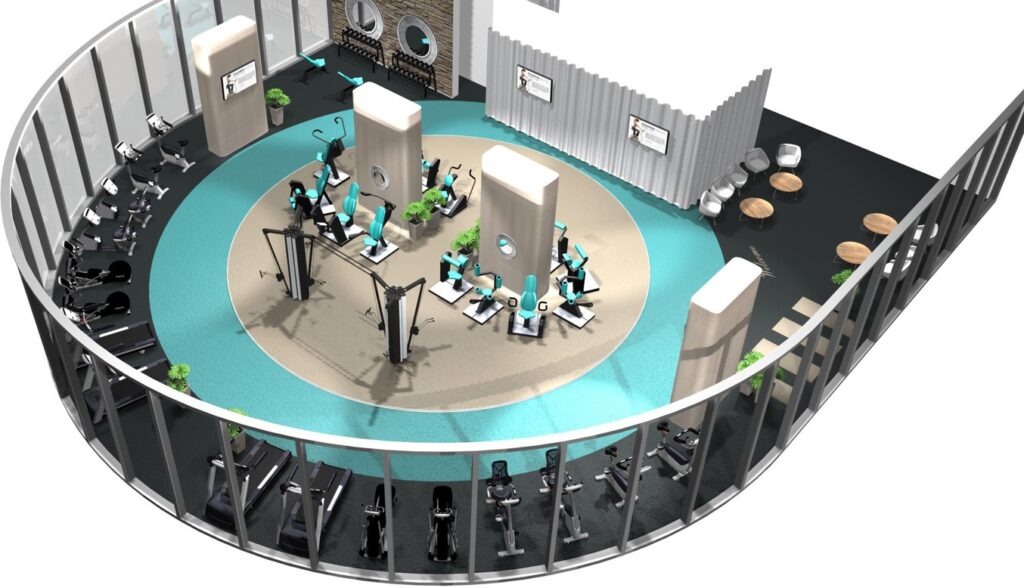 A rendering of a high-end sports rehab facility filled with HUR gym machines.