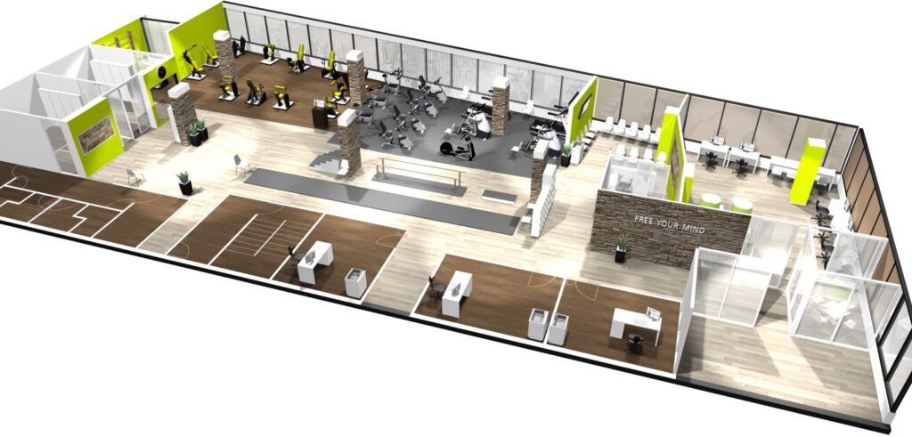 A rendering of a university and school gym.