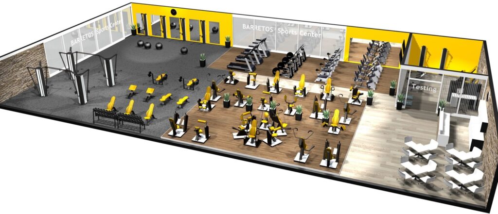 A rendering of a university and school gym.