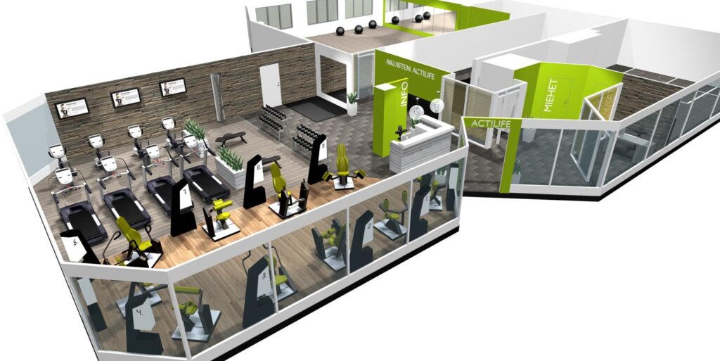 A rendering of a high-end wellness gym.
