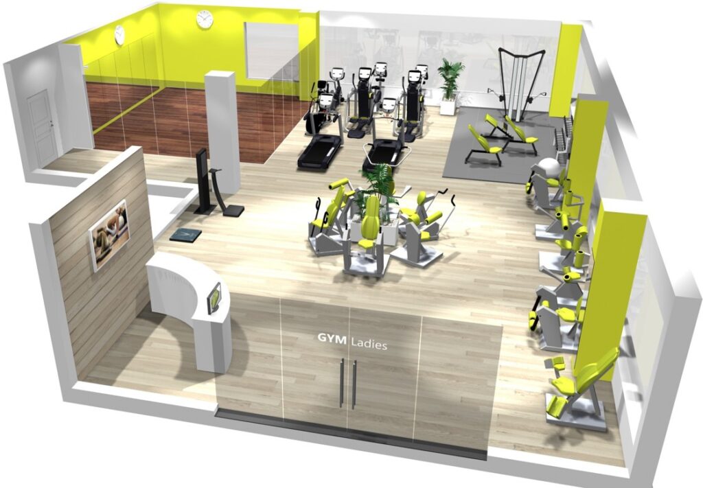 A rendering of a high-end wellness gym.