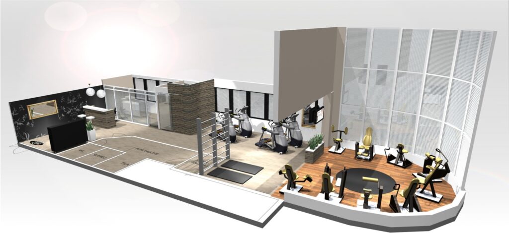 A rendering of a high-end wellness gym.