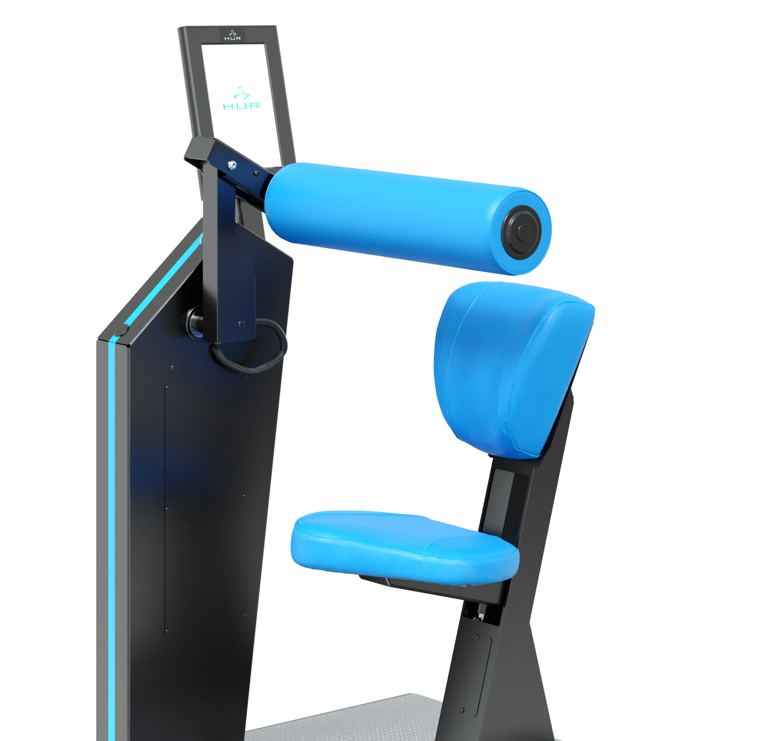 Close-up of the electrically adjustable seat height on the HUR gym machines.