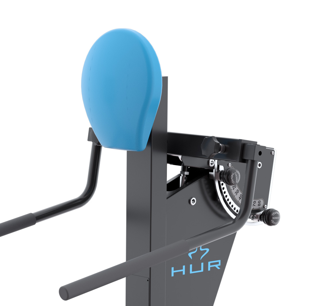 Close-up of the Horizontally adjustable lever arms on the HUR gym machines.