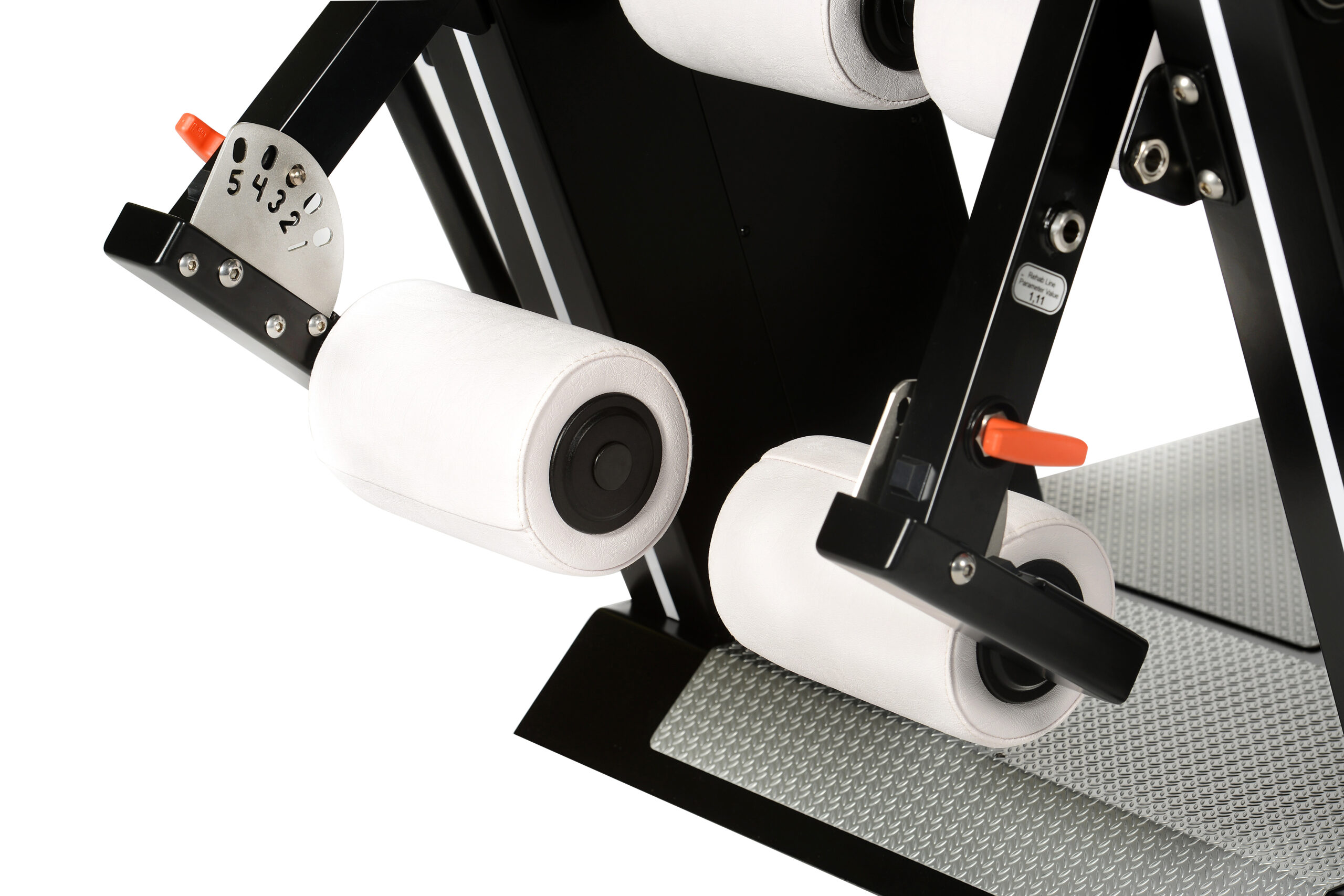 Close-up of a manually adjustable rollers on the HUR gym machines.