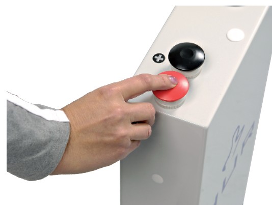 Close-up of the mushroom button on the HUR gym machines.