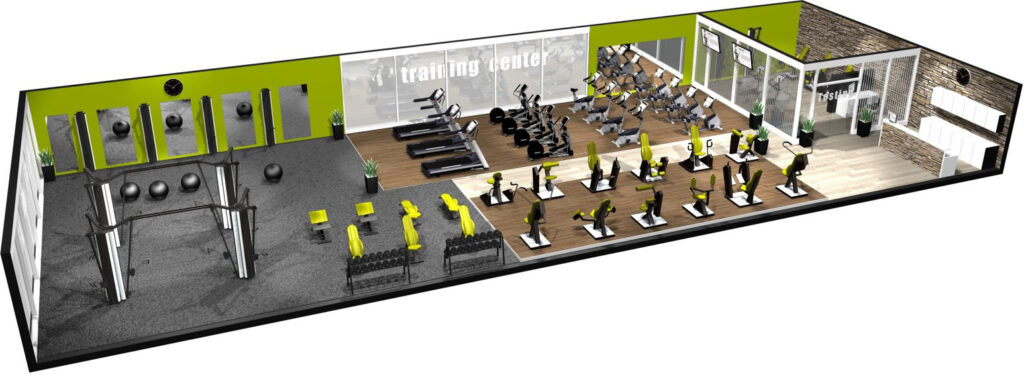 Rendering of an indoor gym equipped with HUR exercise machines.